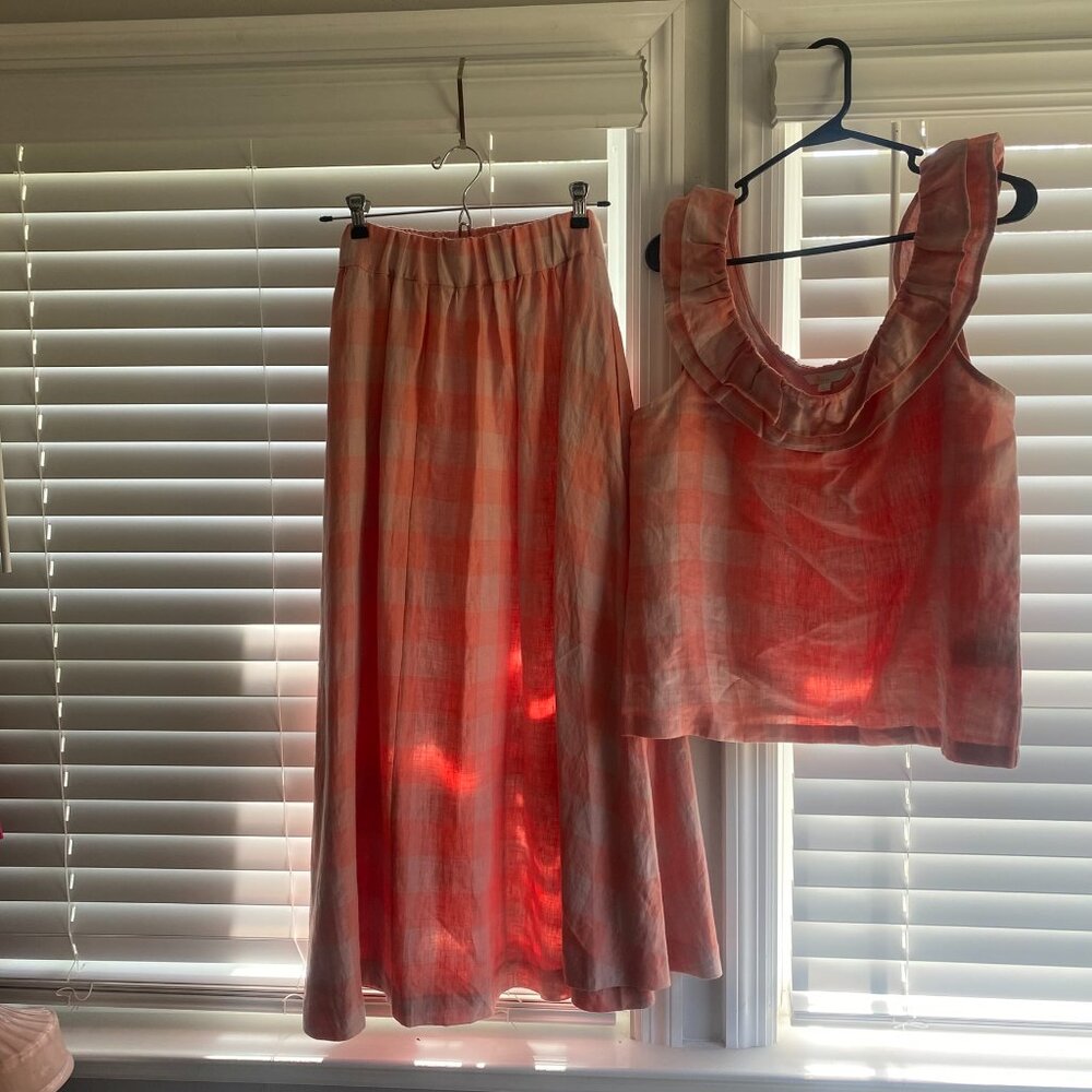 Boden Peach Gingham Matching Skirt and Top Set